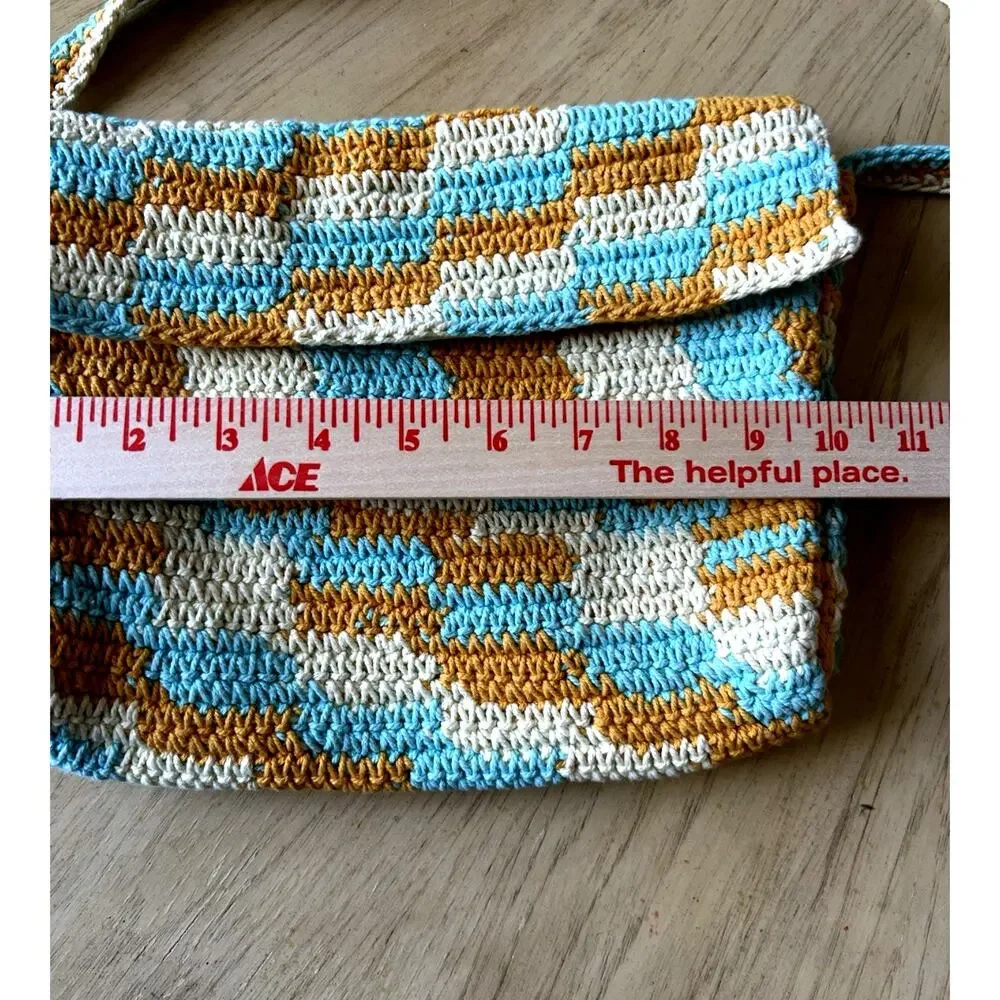 New Crochet Knit Purse Shoulder Bag Tan Blue Aztec Boho Hippie Retro Cotton ECO